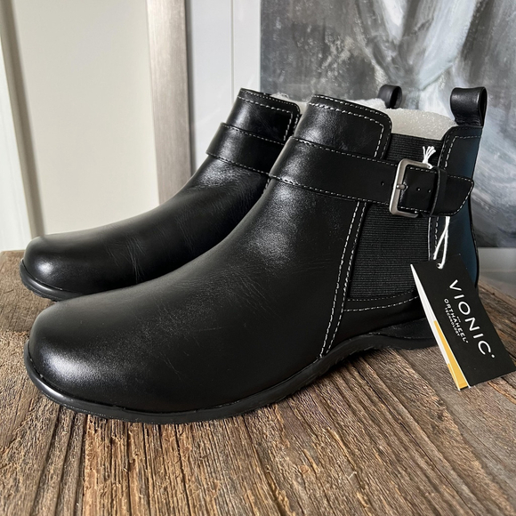 Vionic Boots Womens Size 11 Black Adrie Ankle Zip Orthaheel Arch Support Buckle - Picture 1 of 13